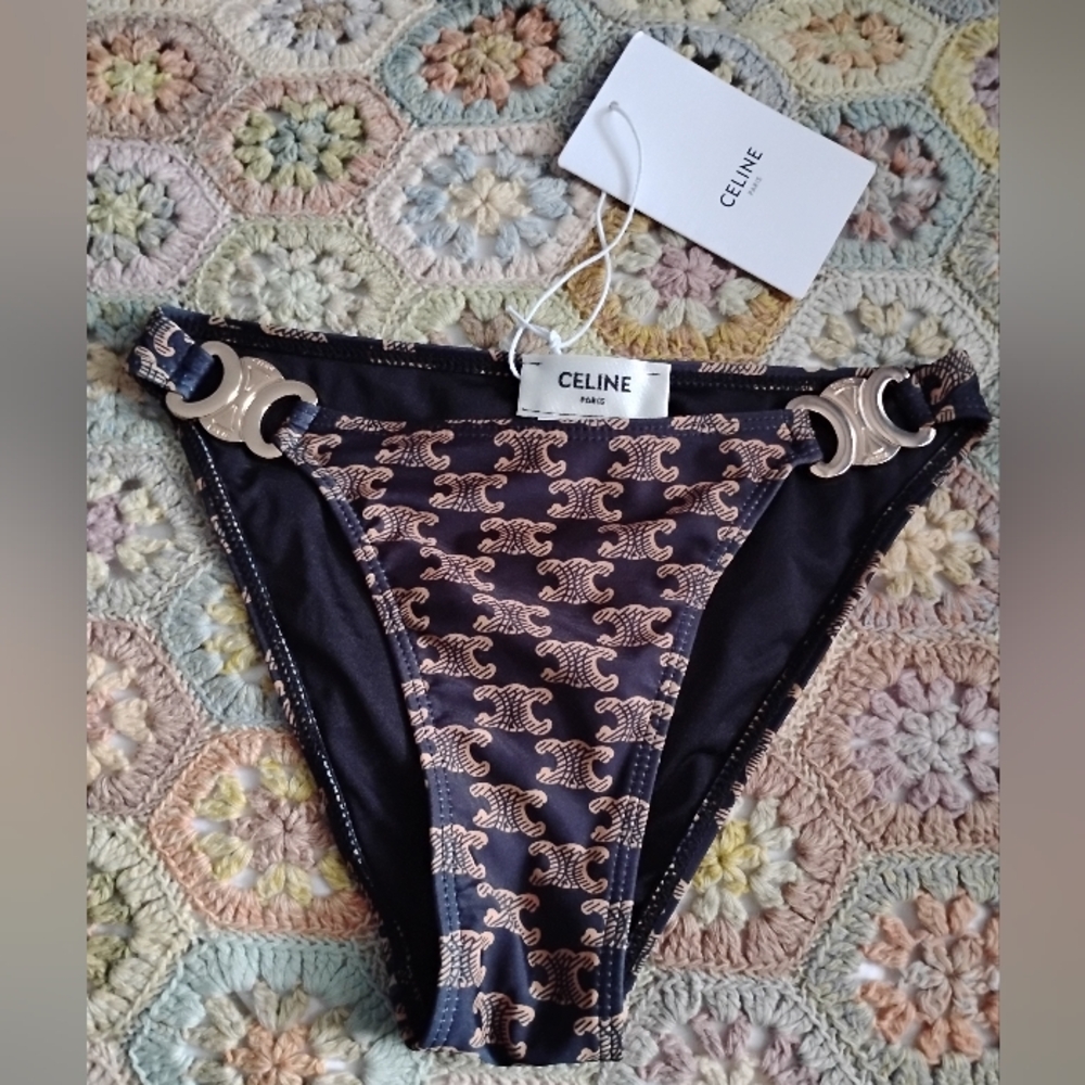 Celine Black + Taupe Logo Prints Bikini Bottom XS